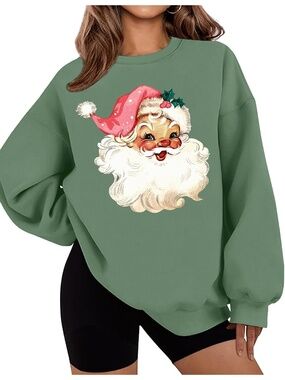 Women Army Green Oversized Crewneck Long Sleeve Santa Claus Christmas Sweatshirt